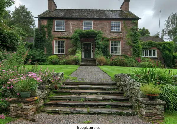 A beautiful stone house with a garden full of flowers