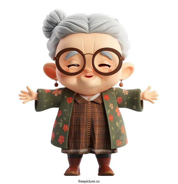 [Transparent Background PNG]Smiling Cartoon Elderly Woman with Open Arms
