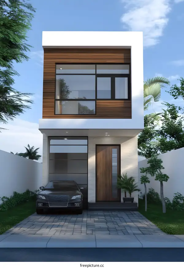 Modern Two Story House with Wooden Facade and Black Car