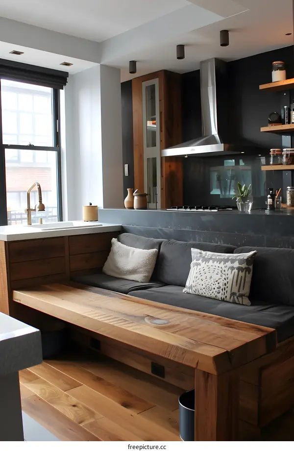 Modern Kitchen with Wooden Table and Bench