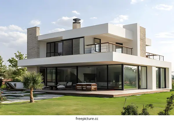 Modern White House with Large Windows and Balcony