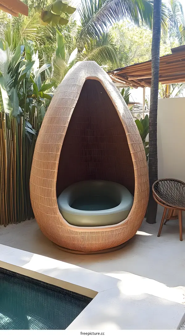 Wicker Egg Chair with Pool and Palm Trees