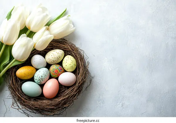 Easter Eggs in a Nest with White Tulips