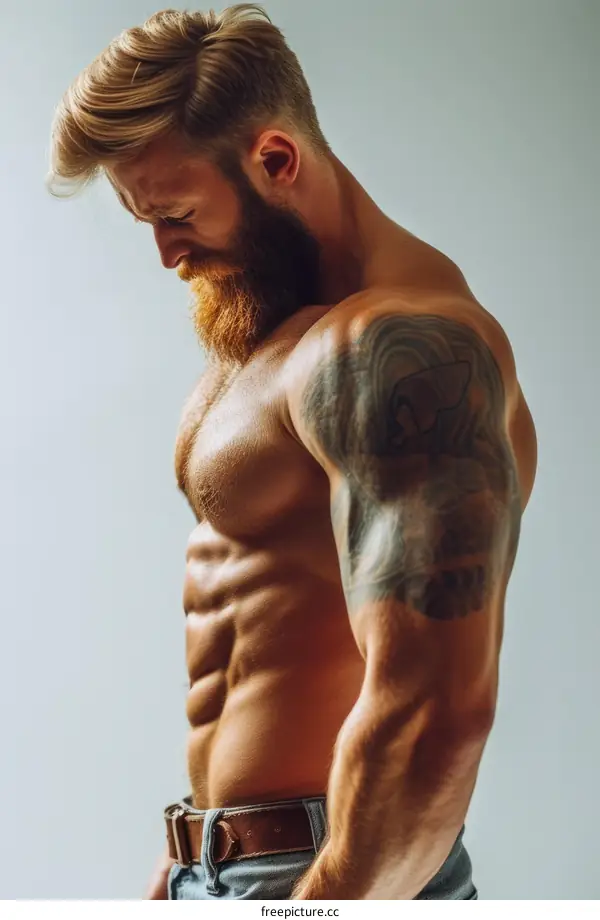 muscular man with beard looking down
