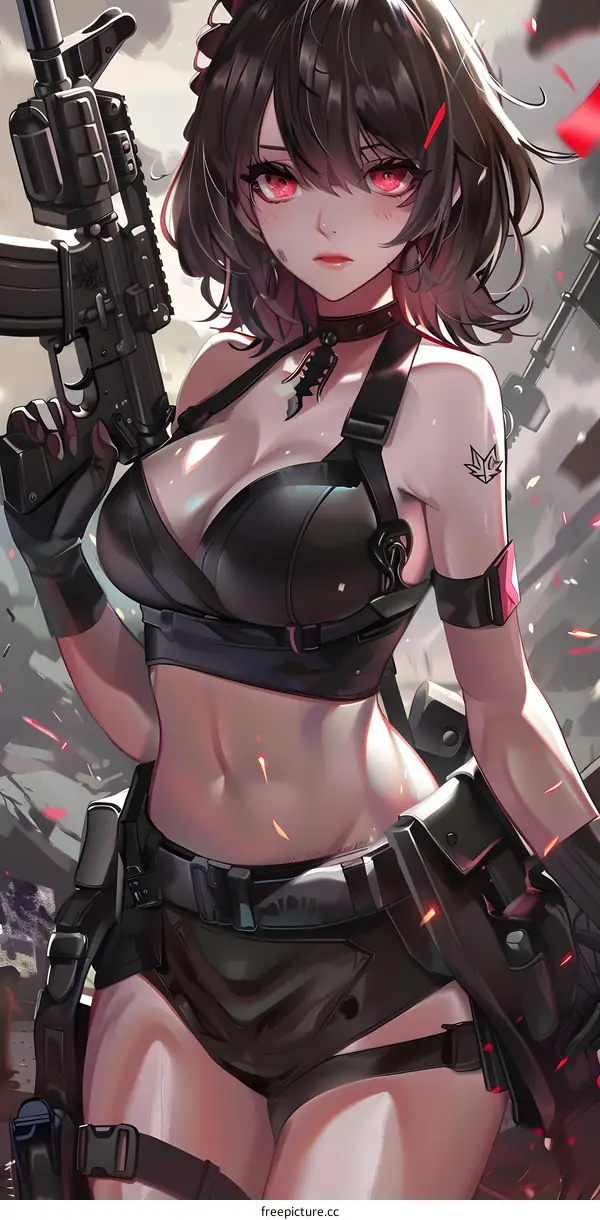 Anime Girl with Red Eyes and a Gun