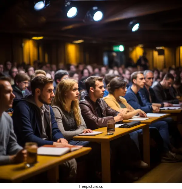 A group of people sitting in a room listening to a lecture