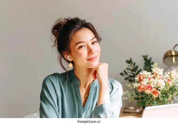 Asian Woman Relaxing at Work with Flowers