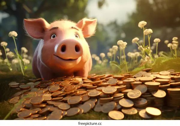 A pink cartoon pig sitting on a pile of gold coins and smiling