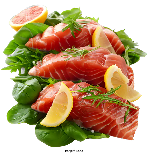 [Transparent Background PNG]Fresh salmon with lemon and herbs