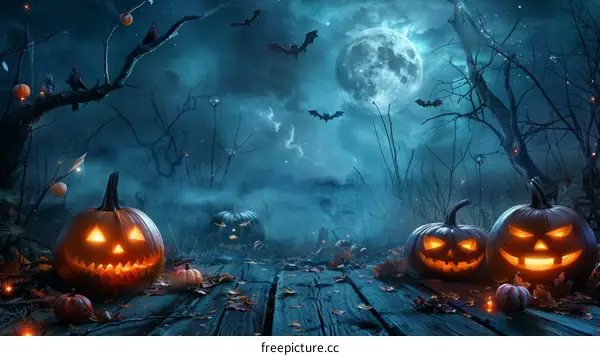 Spooky Halloween Forest with Full Moon and Pumpkins