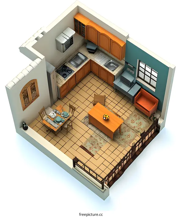 3D Illustration of a Small Kitchen and Dining Area with Wooden Cabinets