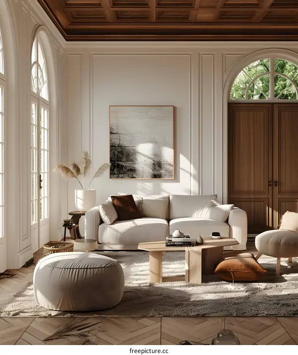 Home Living Room With Arched Floor-To-Ceiling Windows and Wood Elements