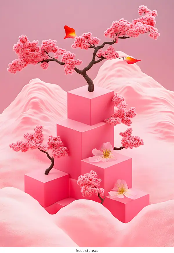 Pink Minimalist 3D Rendered Illustration with Cherry Blossoms