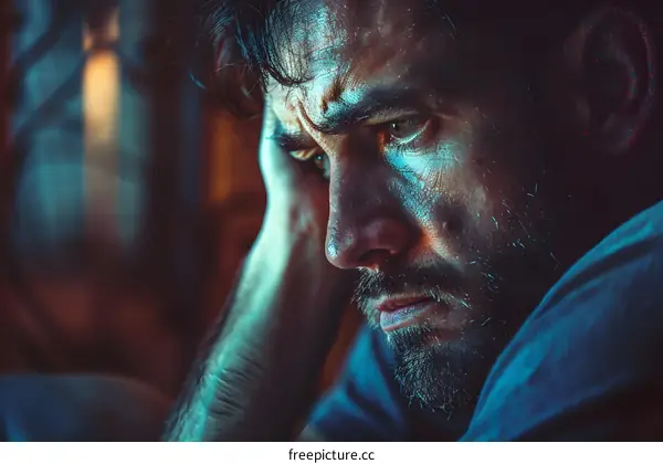 A portrait of a man with a beard looking at the camera with his hand on his head