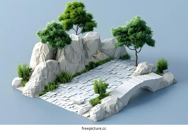 Small bridge over a river in isometric perspective