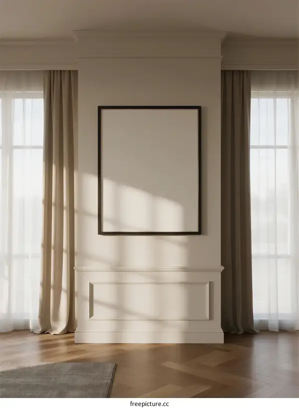 Modern empty room with framed poster and elegant curtains