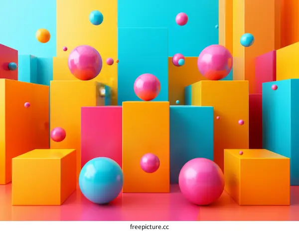 Colorful 3D geometric shapes with pink and blue spheres