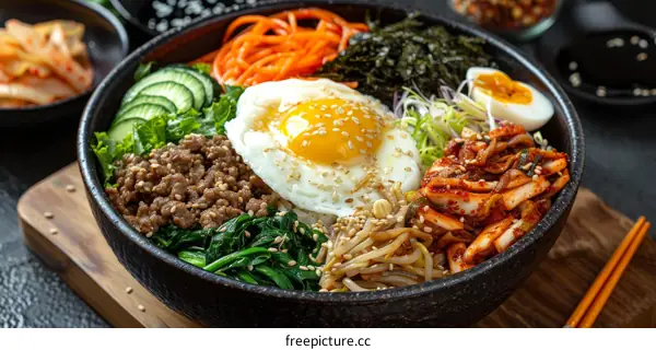Traditional Korean Bibimbap with Sunny Side Up Egg