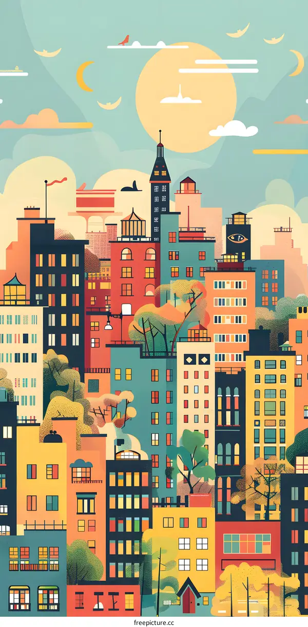 Colorful Cityscape Illustration with Buildings and Trees
