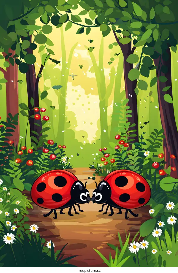 Two Red Ladybugs Meet in the Forest