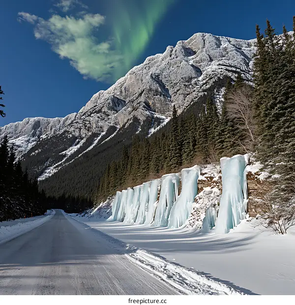 Winter Road with Icicles and Mountain View Under the Northern Lights