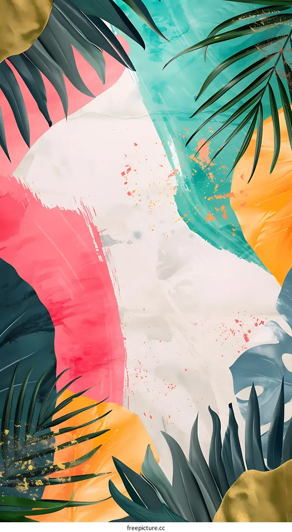 Tropical Leaves and Abstract Watercolor Painting