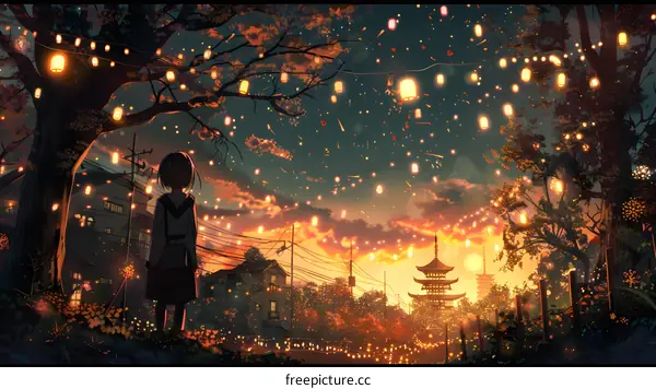 Japanese Girl Watching Lanterns at Sunset