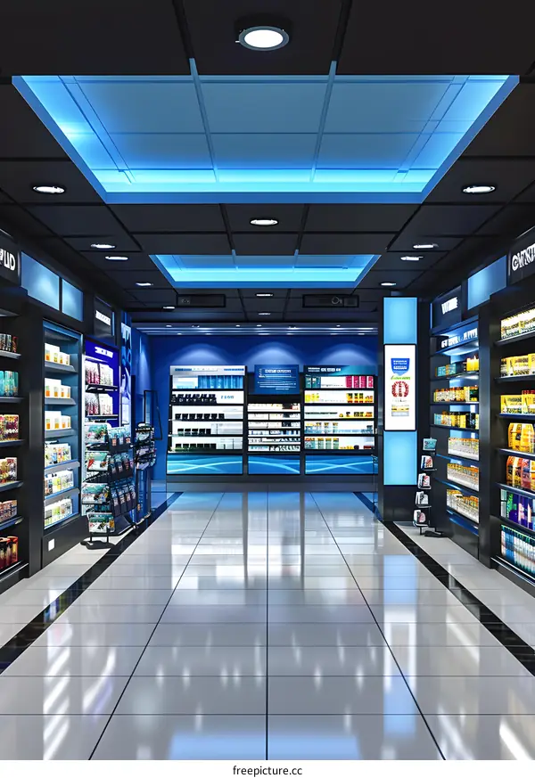 Modern Interior Design of a Convenience Store With Blue Lighting
