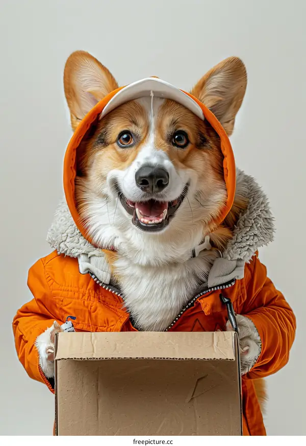 Corgi Dog Dressed As Delivery Person Holding A Cardboard Box