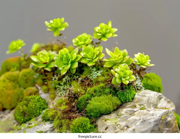 Closeup of Green Succulents and Moss on Rock