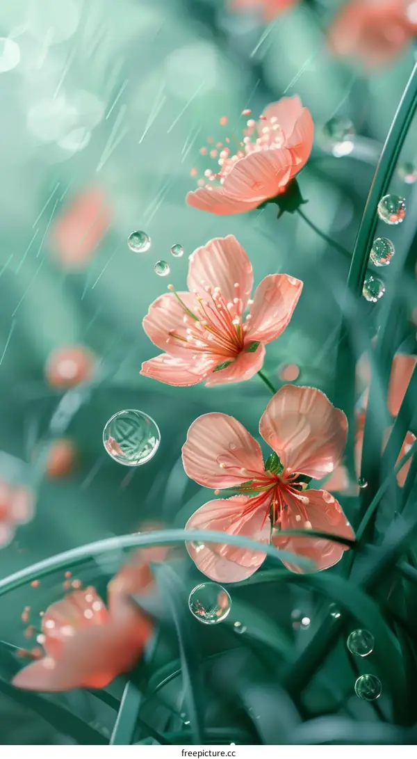 Raindrops on delicate pink cherry blossoms