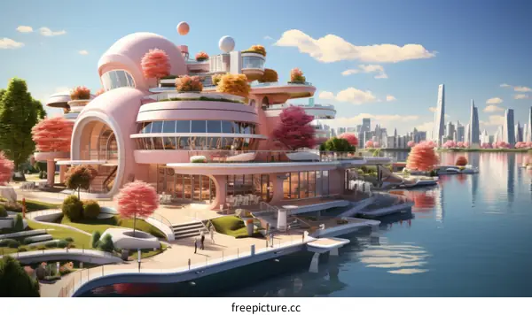 futuristic pink floating house with city skyline