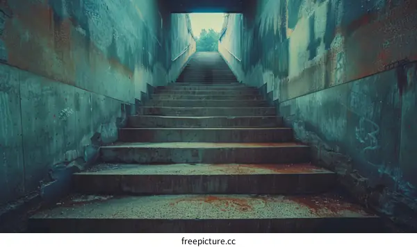 A flight of stairs leads up to a dimly lit tunnel