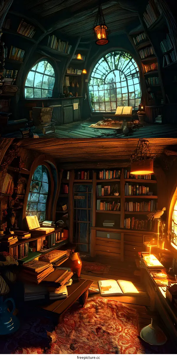 Cozy and Magical Treehouse Library Interior with Bookshelves and Large Windows