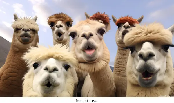 A herd of alpacas gazing towards the camera