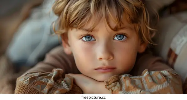 Portrait of a young boy with blue eyes and blond hair