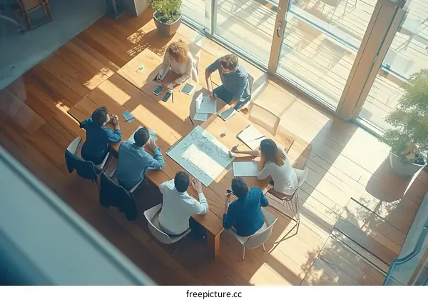 Top view of diverse business team in smart casual wear discussing ideas during meeting around table in modern office