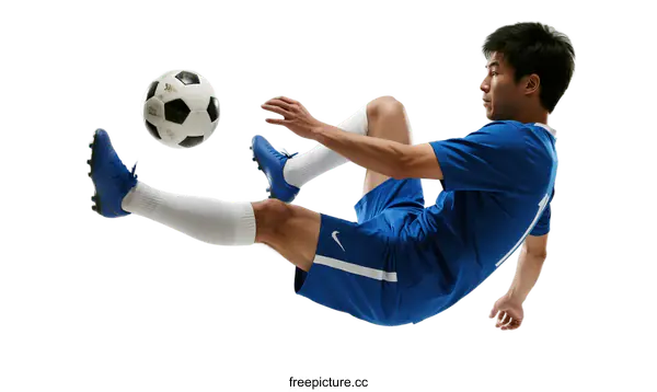 [Transparent Background PNG]A male soccer player performing an acrobatic kick with a soccer ball