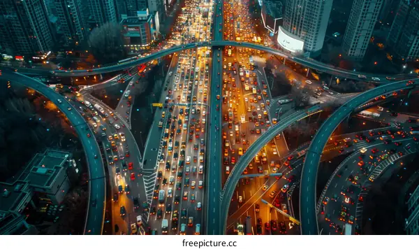 Nighttime City Traffic Jam on Chinese Expressway
