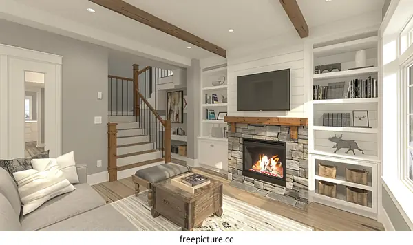 Cozy living room interior design with fireplace, bookshelves, and exposed wood beams