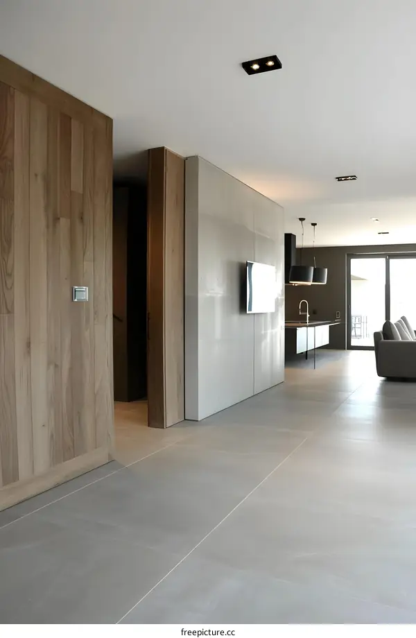 Modern Minimalist Interior Design Home Decor With Wooden Wall And Grey Tiles Floor