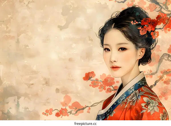 A beautiful Korean woman in traditional dress stands in a field of cherry blossoms.