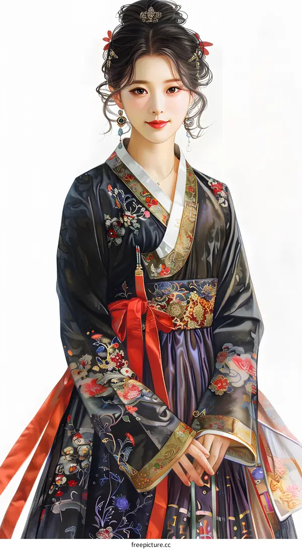 A beautiful young woman in a traditional Korean hanbok dress