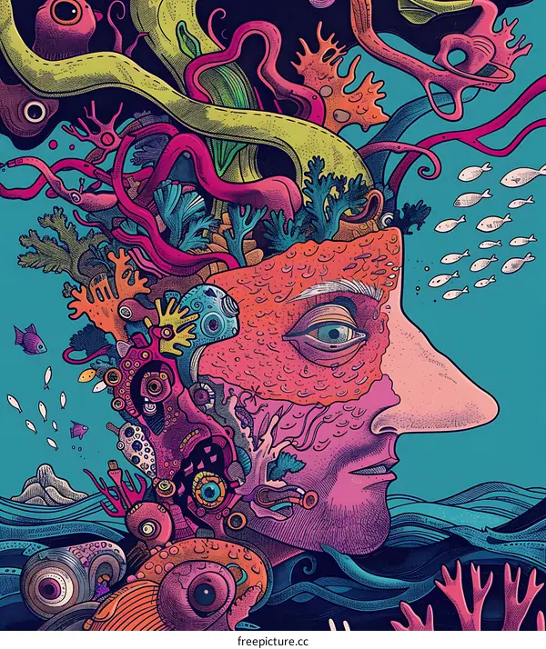 Surreal Underwater Illustration Of Human Head Made Of Coral And Sea Life
