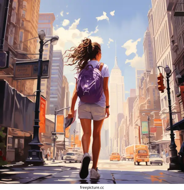 A young woman walking down a busy city street