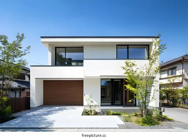 Modern White House with Garage and Landscaping