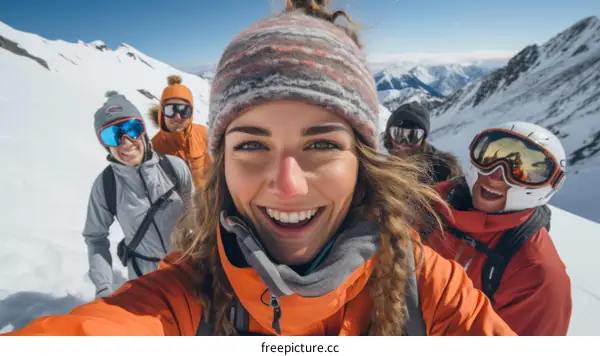A group of friends skiing down a snowy mountain