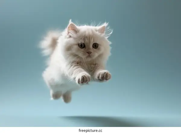 A white kitten is jumping in mid-air with a blue background