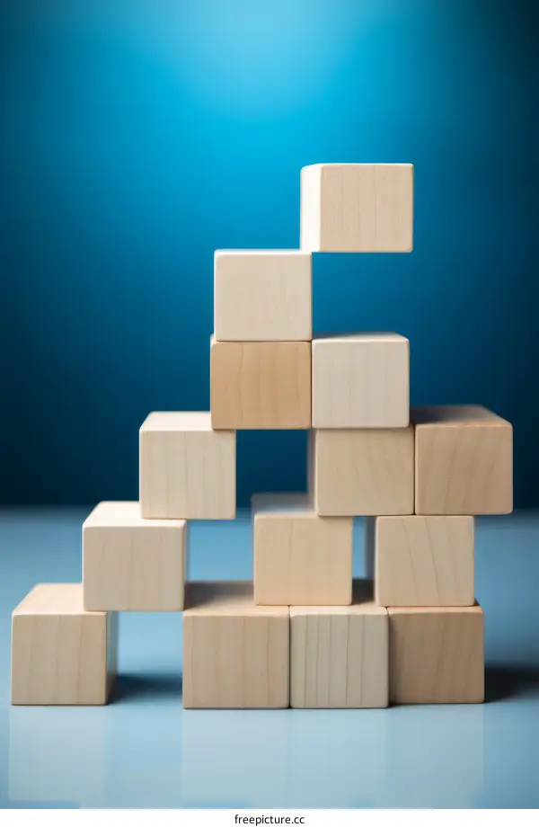 Wooden blocks arranged in a staircase on blue background