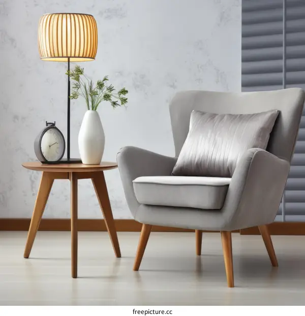 Modern minimalist living room interior with gray armchair and round wooden coffee table